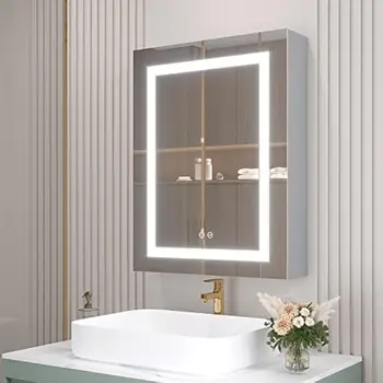 26x20 palcový Kúpeľňa lekárničky s LED Zrkadlo, Anti-Fog, Nepremokavé 6000K Jeden Dvere Osvetlené Kúpeľňa Skrine Obrázok