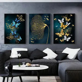 Abstrakt Listy Motýľ Plagát Plátno na Maľovanie na Stenu Umenie Zlatá Modrá Zvierat Obrázok Minimalistický Plagát a Tlač Domova Obrázok