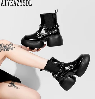 AIYKAZYSDL Punk Rock, Členkové Topánky Ženy Motrocycle Gotický Vysoký Vrchol Topánkami na Platforme Klin Vystrihnúť Hrubé Jediným Päty Chelsea Topánky Obrázok