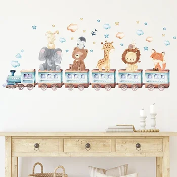 Akvarel Cartoon Zvieratá na Vlak, Medveď, Slon Žirafa Samolepky na Stenu pre Deti Detská Izba Detská Izba, Spálňa Stenu Obrázok