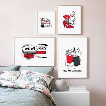 Cartoon Prebudenia A Make-Up Plagát Vysoké Podpätky Červené Pery Rúž, Obrázky Na Stenu Umelecké Plátno Na Maľovanie Jednoduchý Štýl Domáce Dekorácie Obrázok