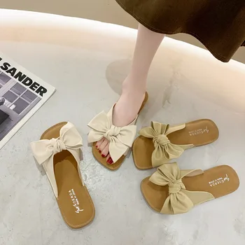 Japonský Štýl Ženy, Papuče Mimo Moderné Sandále, Papuče Dovolenku 2023 Lete Nové, Mäkké Textilných Módnych Bowknot Štvorcové Prst Obrázok
