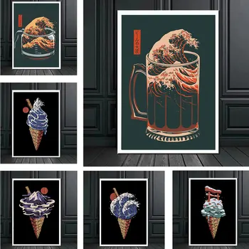 Kanagawa Ice Cream Abstraktné Plagáty a Tlač Veľká Vlna Káva Pivo Plátno na Maľovanie na Stenu Umenie Obrázky Miestnosti Domova Obrázok