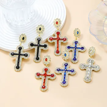 Luxusné Crystal Vintage Náboženstvo Kríž Náušnice pre Ženy Európsky Štýl Hostiny, Párty Vyhlásenie Drahokamu Náušnice Šperky Darček Obrázok