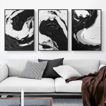 Moderné Abstraktné Veľké Čierne A Biele Ťahy Štetca 3 Sady Wall Art s Plátno Plagáty Obývacia Izba A Domov Módy Dekorácie Obrázok