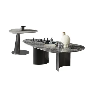 Moderný Minimalistický Obývacia Izba Mramoru Osobnosti Čaj Stôl Kombinácia Nerezovej Ocele Black Titán Strane Tabuľky Malé Čajové Tabuµky Obrázok