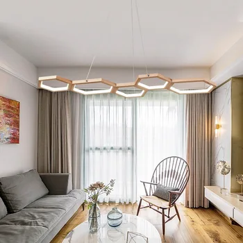 Nordic moderné Dreva Led Luster Šesťhranné Prívesok Lampy, Obývacia Izba Kuchyňa Spálňa Acyklické Stropné Závesné Svetlo posteli Obrázok