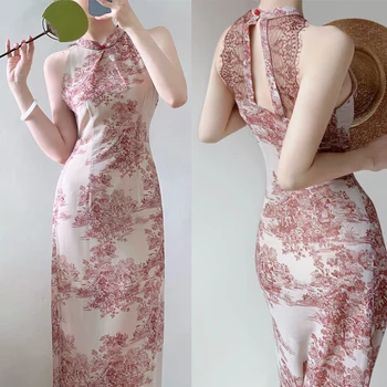 Nový Čínsky Štýl Šaty Elegantné Čipky Backless Qipao Ženy Vintage Čínske Šaty Tlač Cheongsam Dlho Vestidos Lete Qipao Obrázok
