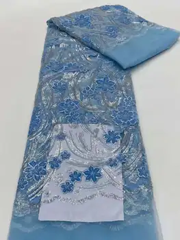 Sequin Čipky Textílie Elegantný Kvetinové Výšivky Afriky Modrý Kábel Čipky Lesk Nigérijský Tylu Net pre Šitie Svadobných Šiat Obrázok