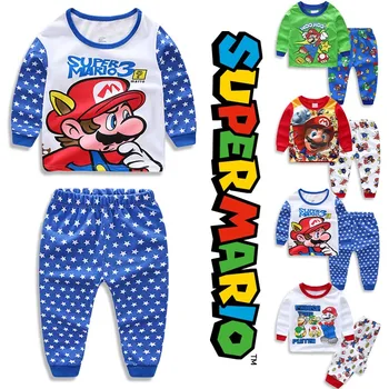 Super Mario Bros Deti Pyžamo Nastaviť Bavlna Deti Anime Chlapci Dievčatá Dlhý Rukáv Sleepwear Roztomilý Zimné Cartoon Domáce Oblečenie Pajama Obrázok