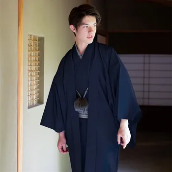 Tradícia Japonské Kimono Mužov Čierny Oblek Jar Haori Fromal Patrí Kabát Župan Pásu Obrázok