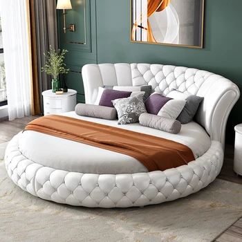 Veľké kolo posteľ Európskej moderné jednoduché, dvojité kože tému Princezná pár hotel kolo posteľ Obrázok