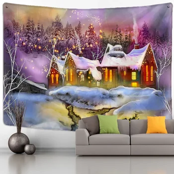 Vianočné Nočná Scéna Gobelín Stene Visí Kreslené Ilustrácie Sneh Krajina Tém Nový Rok Domova Obrázok
