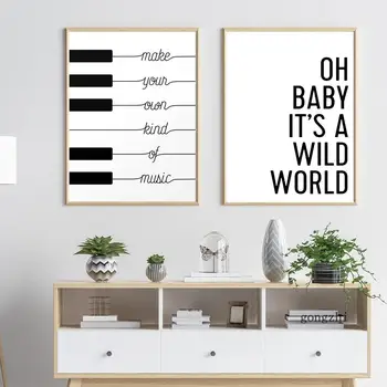 Vytvoriť Svoj Vlastný Druh Hudby Citácie Plagát Black White Piano Plátno na Maľovanie Divoký Svet Wall Art Obrázky Obývacia Izba Domova Obrázok