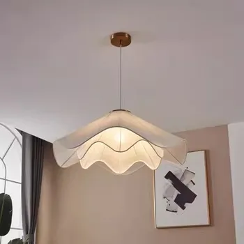 Škandinávsky jednoduché krém štýl textílie LED luster obývacia izba, spálňa domov dekoratívne luster balkón luster lampy Obrázok