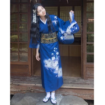 Ženské Tradičné Japonské Kimono Štýle Retro Modré Dlhé Šaty Upravené Kvetinové Potlače Yukata Cosplay Kostým Fotografie Šaty Obrázok